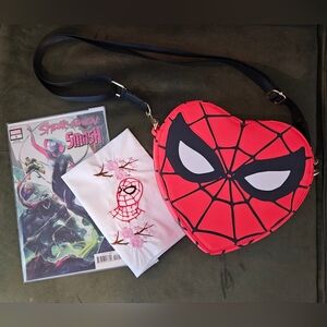 Loungefly Marvel Spider-Man Red Heart Handbag, Spider-Gwen Smash 1, Handkerchief